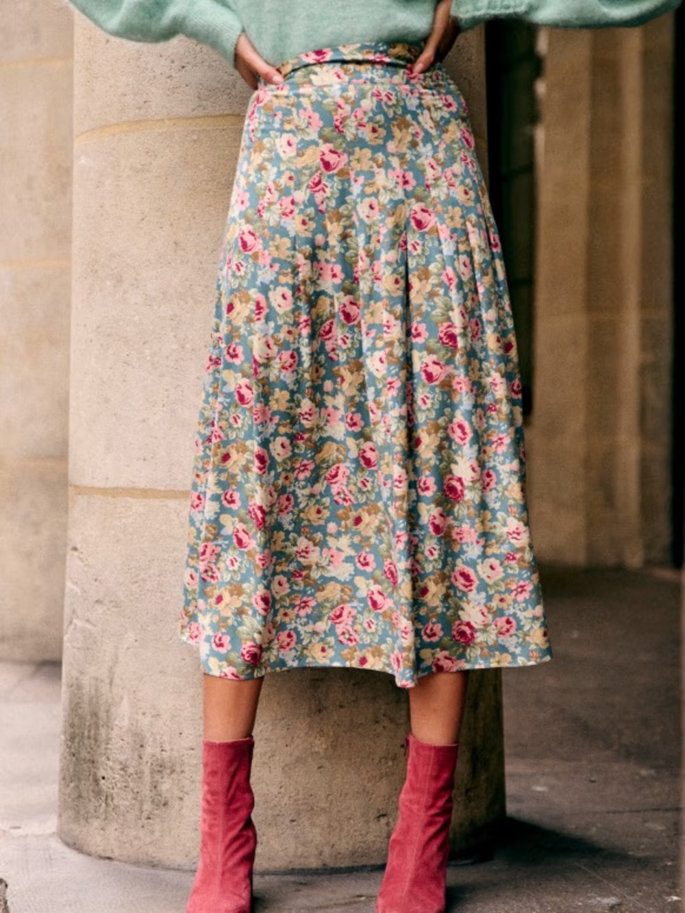 SEZANE Multicolored Floral Pleated Midi Skirt - Picture 9 of 13
